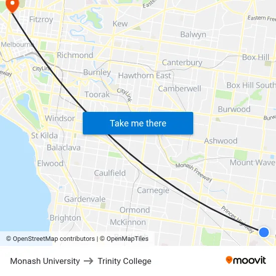 Monash University to Trinity College map