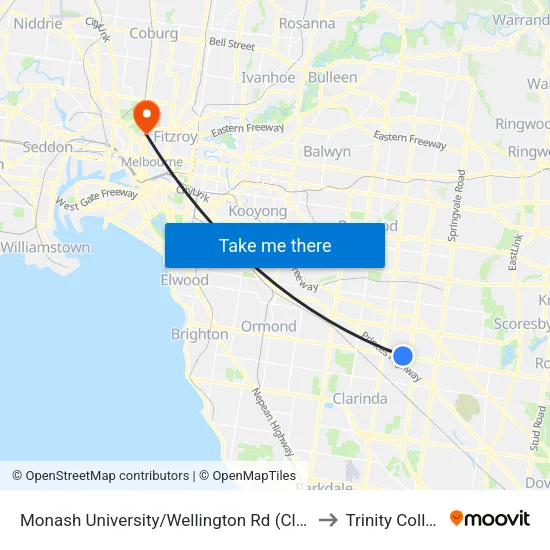 Monash University/Wellington Rd to Trinity College map