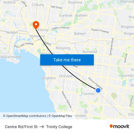 Centre Rd/First St to Trinity College map