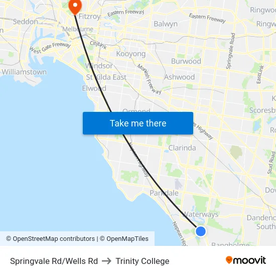 Springvale Rd/Wells Rd to Trinity College map