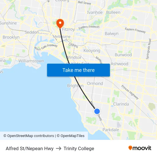 Alfred St/Nepean Hwy to Trinity College map