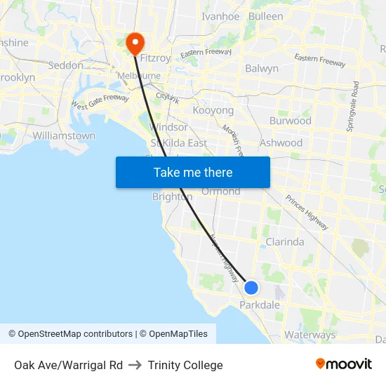 Oak Ave/Warrigal Rd to Trinity College map