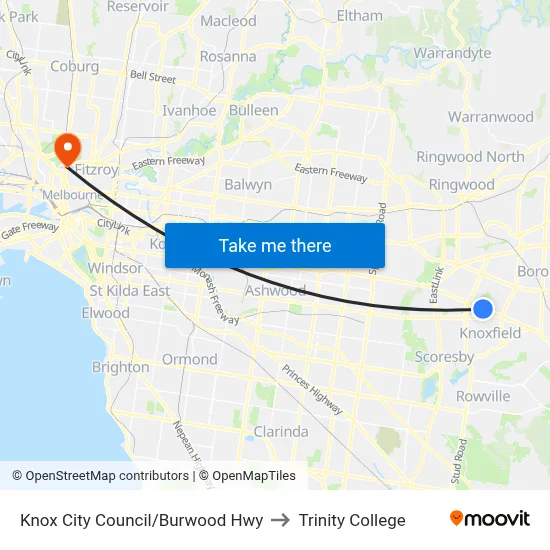 Knox City Council/Burwood Hwy to Trinity College map