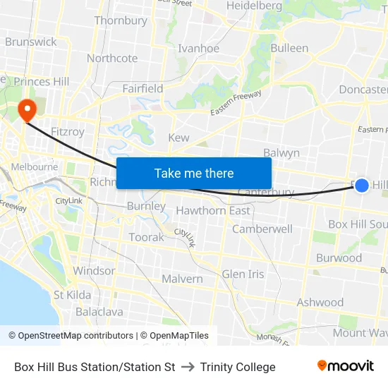 Box Hill Bus Station/Station St to Trinity College map