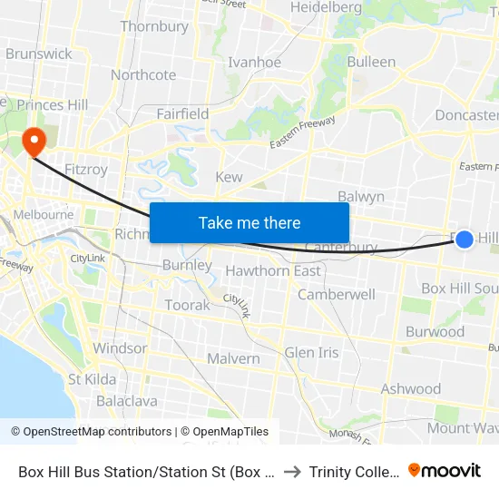 Box Hill Bus Station/Station St to Trinity College map
