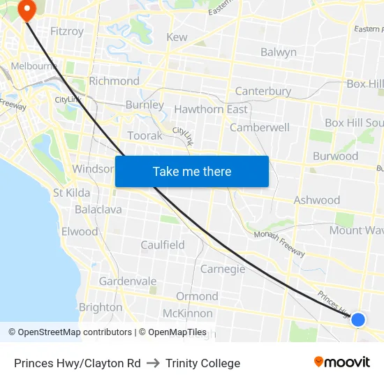Princes Hwy/Clayton Rd to Trinity College map
