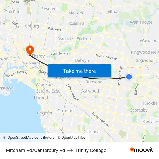 Mitcham Rd/Canterbury Rd to Trinity College map