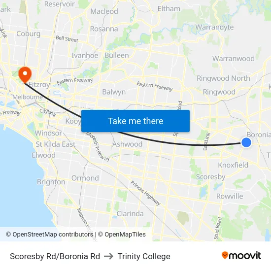 Scoresby Rd/Boronia Rd to Trinity College map