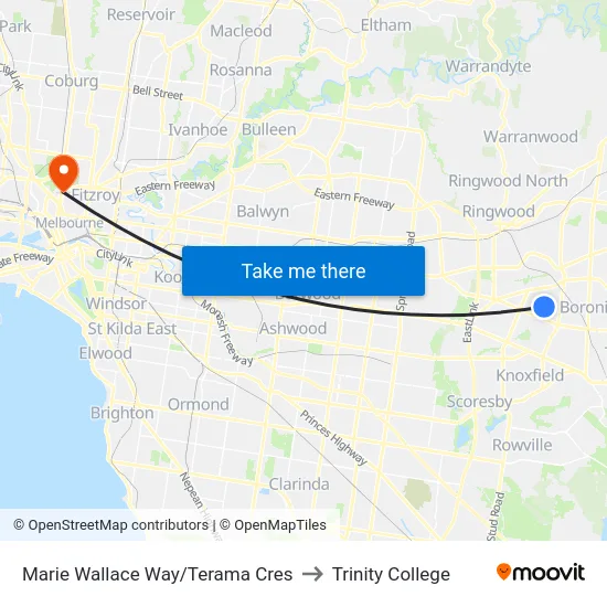 Marie Wallace Way/Terama Cres to Trinity College map