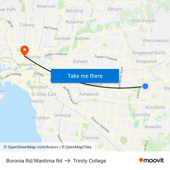 Boronia Rd/Wantirna Rd to Trinity College map