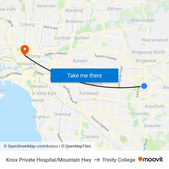 Knox Private Hospital/Mountain Hwy to Trinity College map