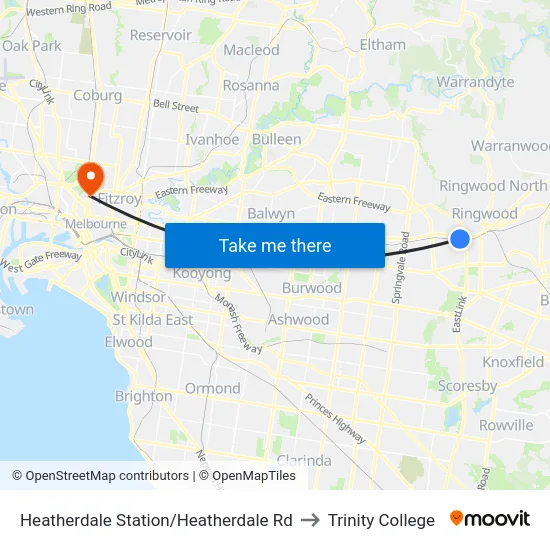 Heatherdale Station/Heatherdale Rd to Trinity College map