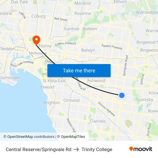 Central Reserve/Springvale Rd to Trinity College map
