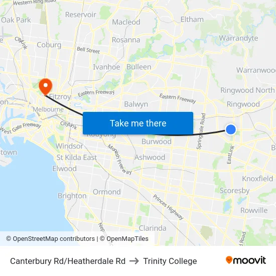 Canterbury Rd/Heatherdale Rd to Trinity College map