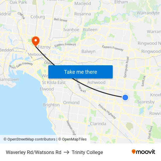 Waverley Rd/Watsons Rd to Trinity College map