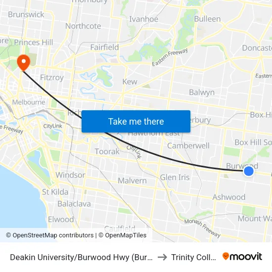 Deakin University/Burwood Hwy to Trinity College map