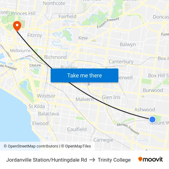 Jordanville Station/Huntingdale Rd to Trinity College map