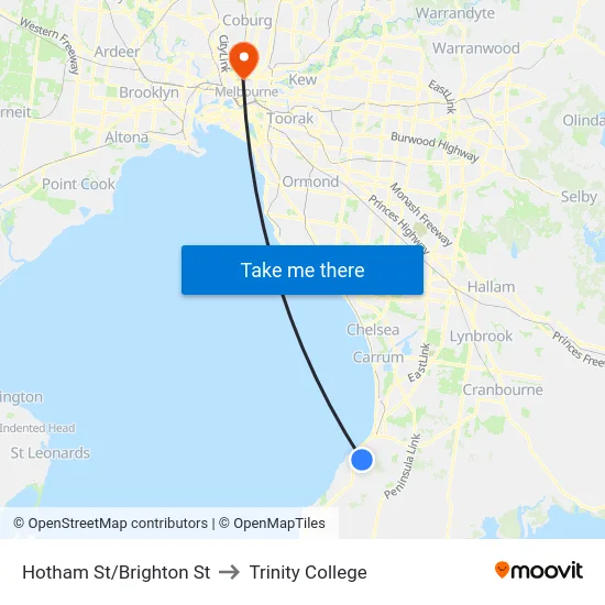 Hotham St/Brighton St to Trinity College map