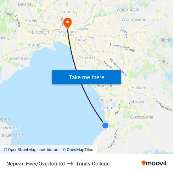 Nepean Hwy/Overton Rd to Trinity College map