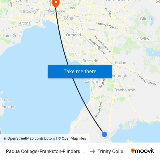 Padua College/Frankston-Flinders Rd to Trinity College map