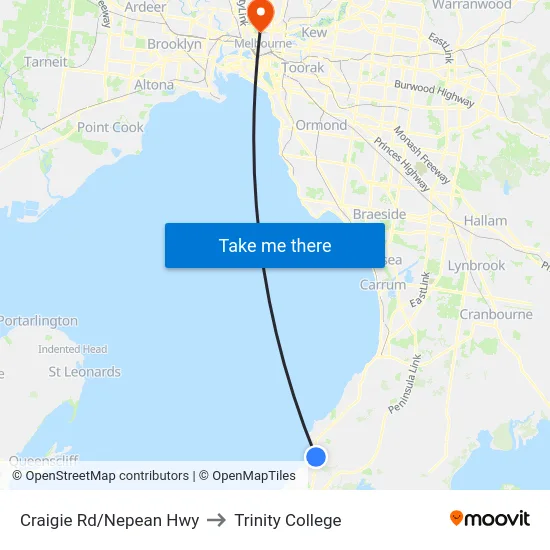 Craigie Rd/Nepean Hwy to Trinity College map