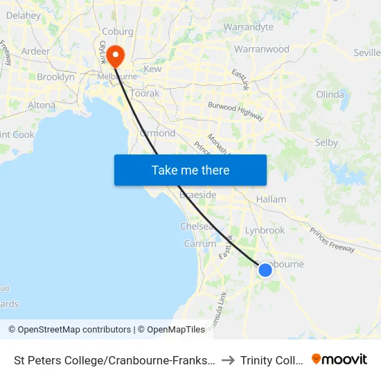 St Peters College/Cranbourne-Frankston Rd to Trinity College map