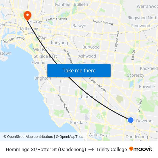 Hemmings St/Potter St (Dandenong) to Trinity College map