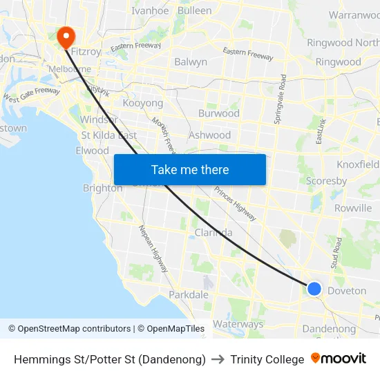 Hemmings St/Potter St to Trinity College map