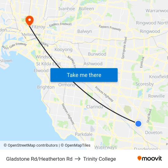 Gladstone Rd/Heatherton Rd to Trinity College map