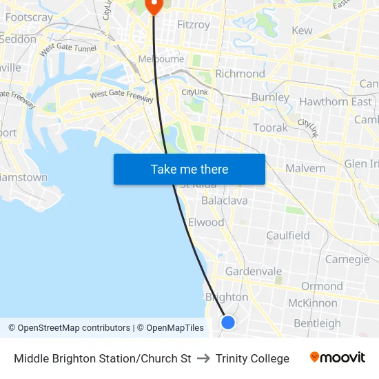 Middle Brighton Station/Church St to Trinity College map