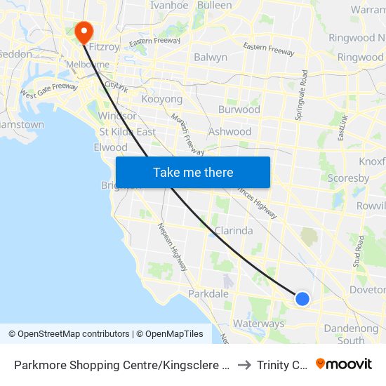 Parkmore Shopping Centre/Kingsclere Ave (Keysborough) to Trinity College map