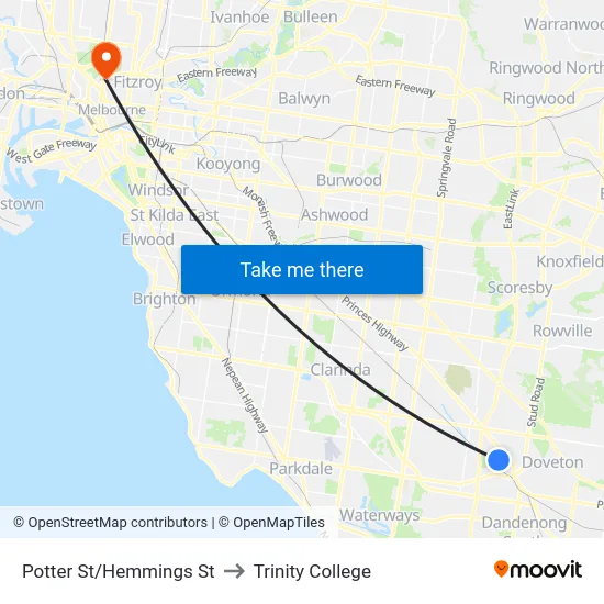 Potter St/Hemmings St to Trinity College map