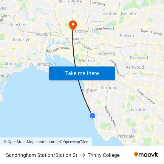Sandringham Station/Station St to Trinity College map
