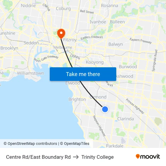 Centre Rd/East Boundary Rd to Trinity College map