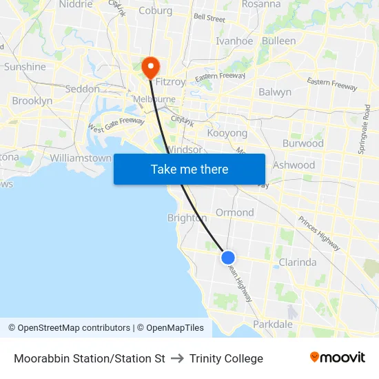 Moorabbin Station/Station St to Trinity College map