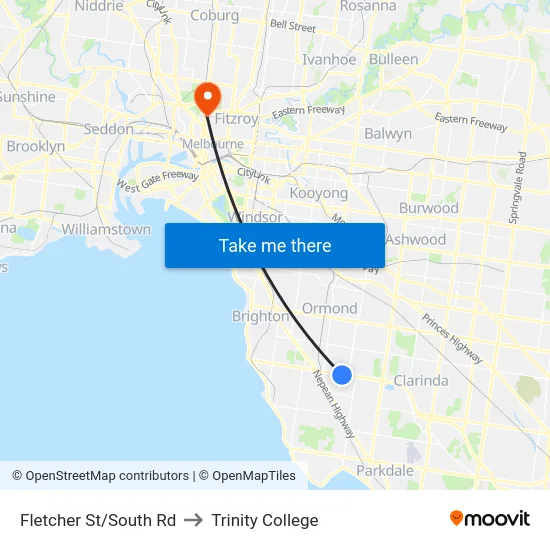 Fletcher St/South Rd to Trinity College map
