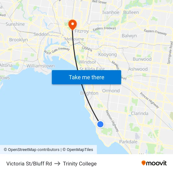 Victoria St/Bluff Rd to Trinity College map