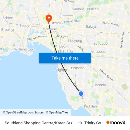 Southland Shopping Centre/Karen St (Cheltenham) to Trinity College map