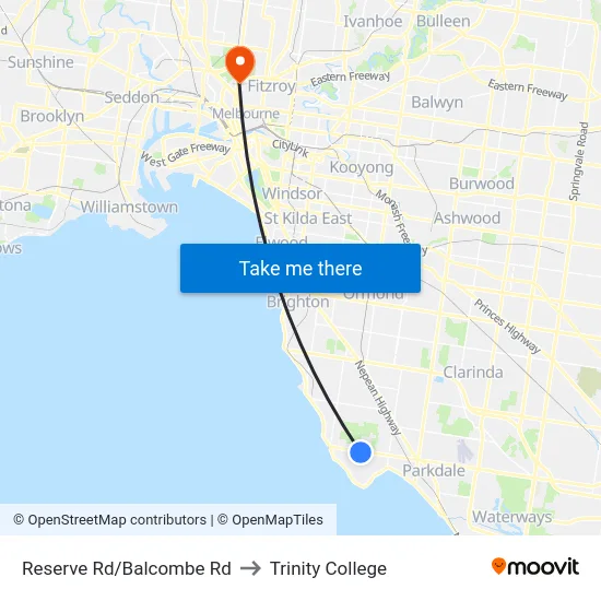 Reserve Rd/Balcombe Rd to Trinity College map