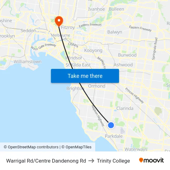 Warrigal Rd/Centre Dandenong Rd to Trinity College map