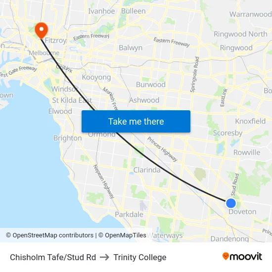 Chisholm Tafe/Stud Rd to Trinity College map