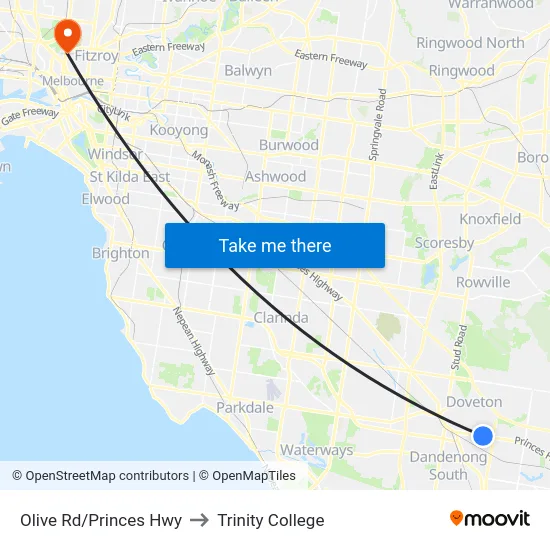 Olive Rd/Princes Hwy to Trinity College map