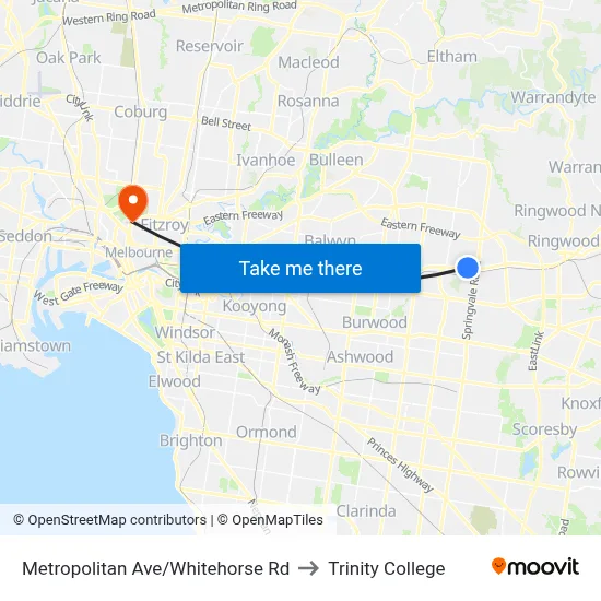 Metropolitan Ave/Whitehorse Rd to Trinity College map