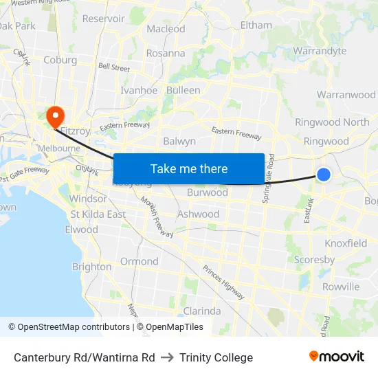 Canterbury Rd/Wantirna Rd to Trinity College map