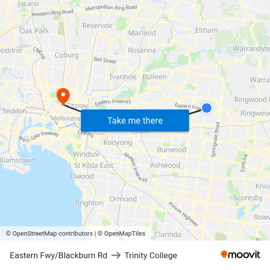 Eastern Fwy/Blackburn Rd to Trinity College map