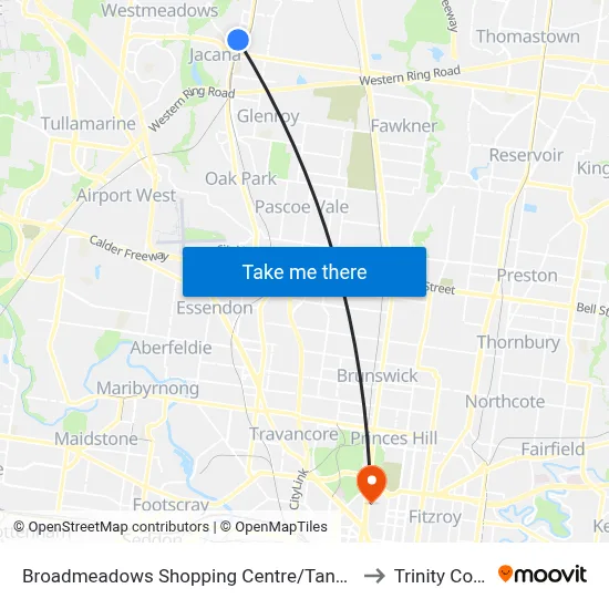 Broadmeadows Shopping Centre/Tanderrum Way to Trinity College map