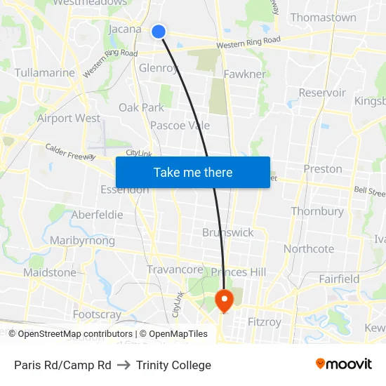 Paris Rd/Camp Rd to Trinity College map