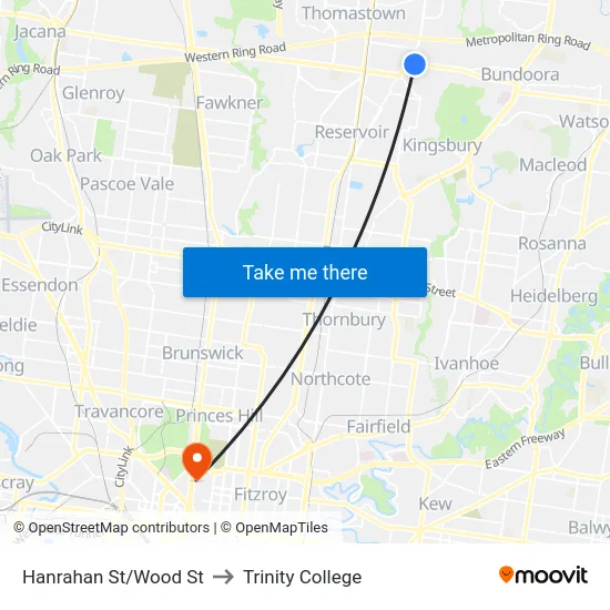 Hanrahan St/Wood St to Trinity College map