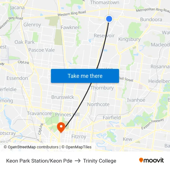 Keon Park Station/Keon Pde to Trinity College map
