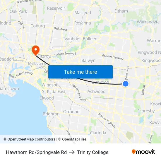 Hawthorn Rd/Springvale Rd to Trinity College map